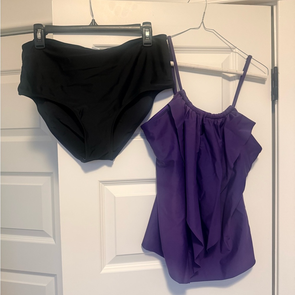 Purple Tankini Top and Black Bottoms